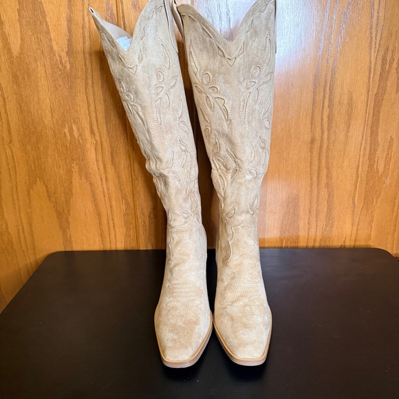 ISNOM Sz 10 Women Tan Faux Suede Western Cowboy Boots Embroidered NIB - Picture 5 of 9